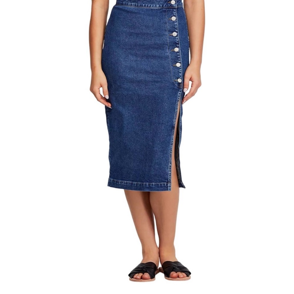 Free People High Waisted Denim Blue Midi Pencil Skirt Size 4
